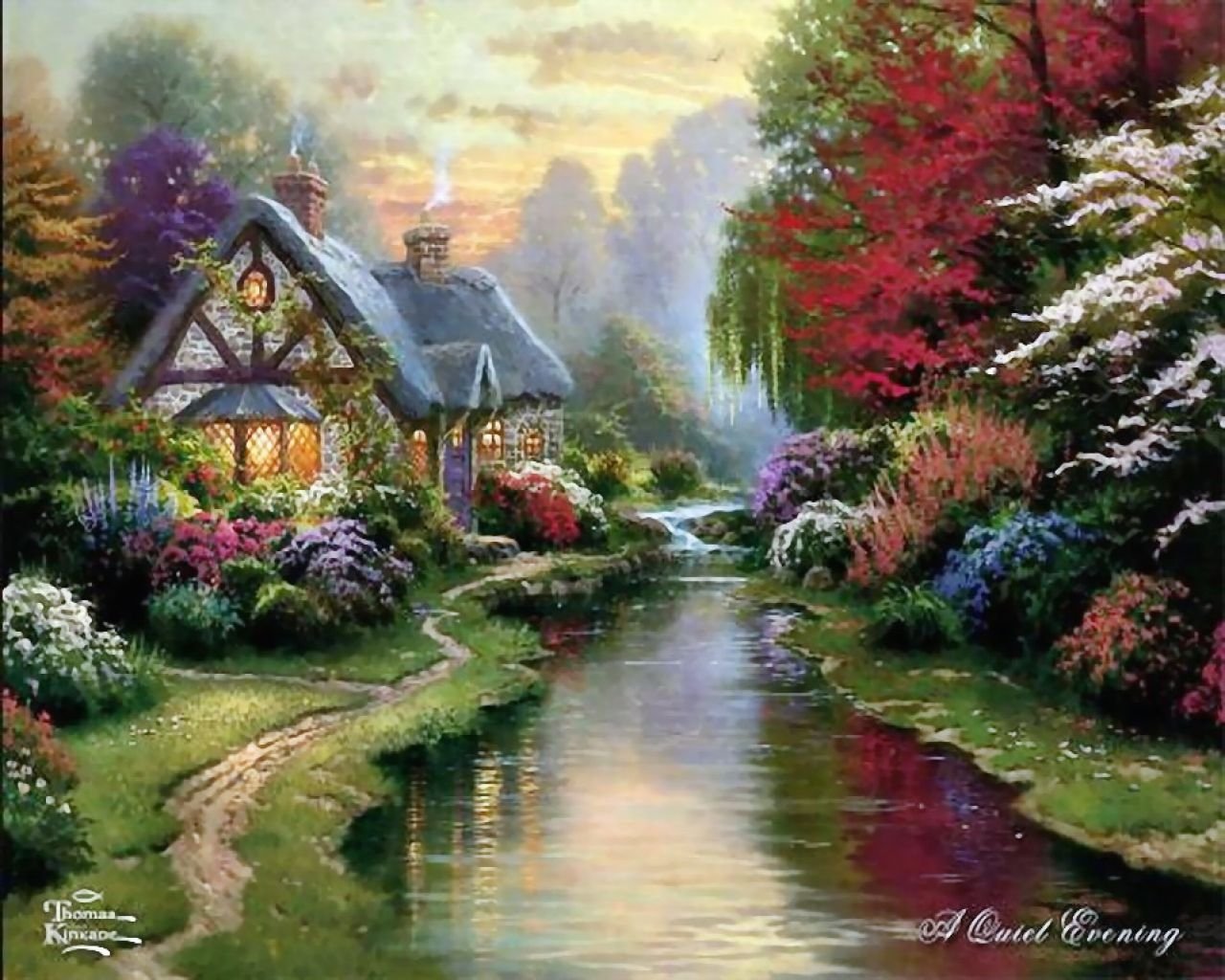 painting of a house next to a river