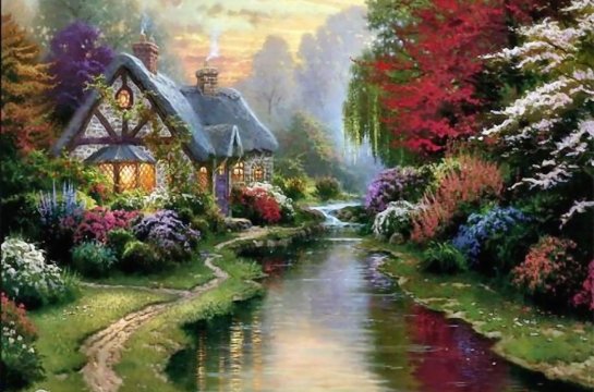 painting of a house next to a river
